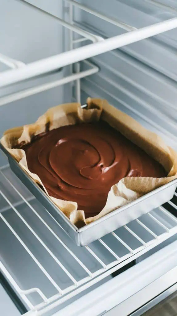 An 8x8 baking pan of chocolate fudge resting in a modern stainless steel fridge. The fudge is smooth and glossy, with parchment paper neatly lining the pan