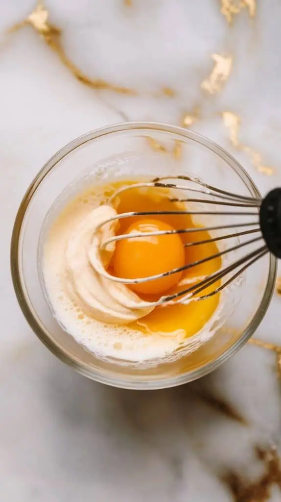 cream, egg, and vanilla being whisked in a small glass bowl, golden yolk and cream swirling together