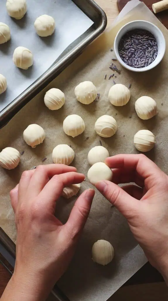 Hands shaping white chocolate truffles on parchment paper, with lavender filling balls and white chocolate truffle mixture nearby