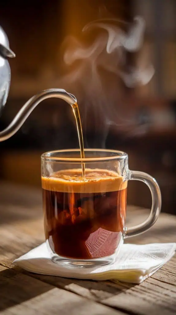 Hot water being poured from a teapot into a glass mug of spiced espresso, with steam rising and a napkin nearby. 
