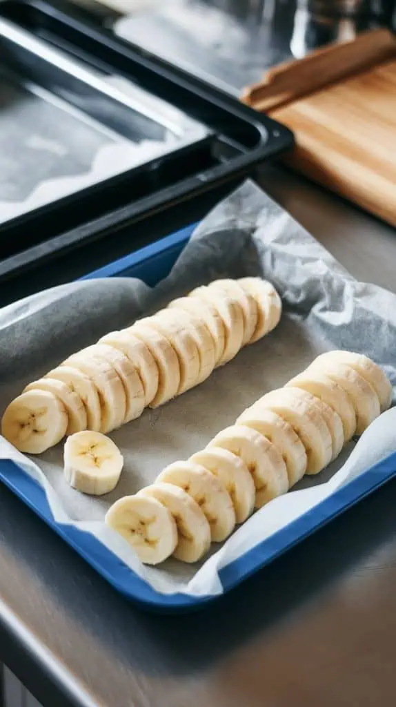 Sliced ripe bananas arranged on a small tray lined with parchment paper, ready to freeze