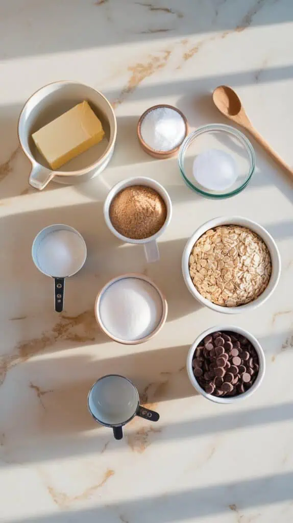  ingredients are arranged neatly on a white marble countertop with hints of gold