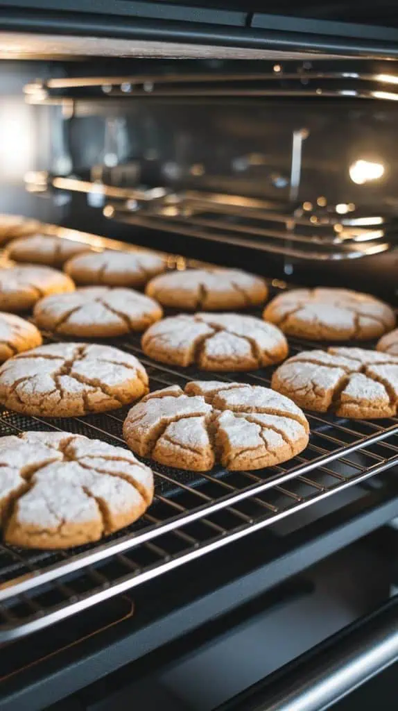 cookies baking in the oven. The tops are cracking, revealing bright powdered sugar and golden edges