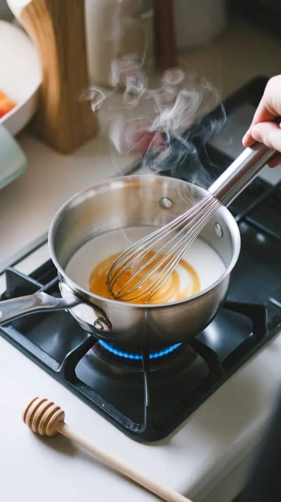 A saucepan with honey being whisked into steaming half-and-half.