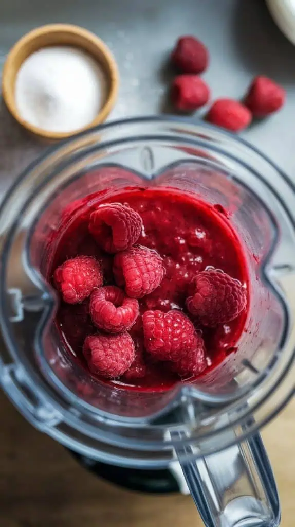  close up shot from the top of a blender with vibrant raspberry sauce inside, a small bowl of sugar, and raspberries scattered nearby