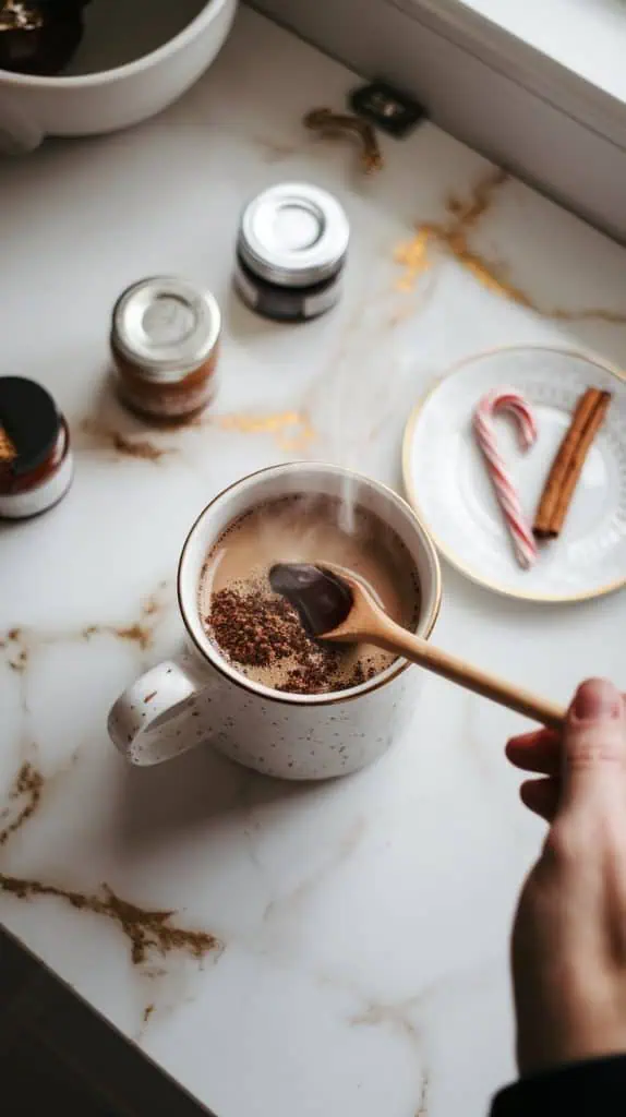 A steaming mug of coffee with brown sugar and vanilla extract being stirred in with a wooden spoon. 