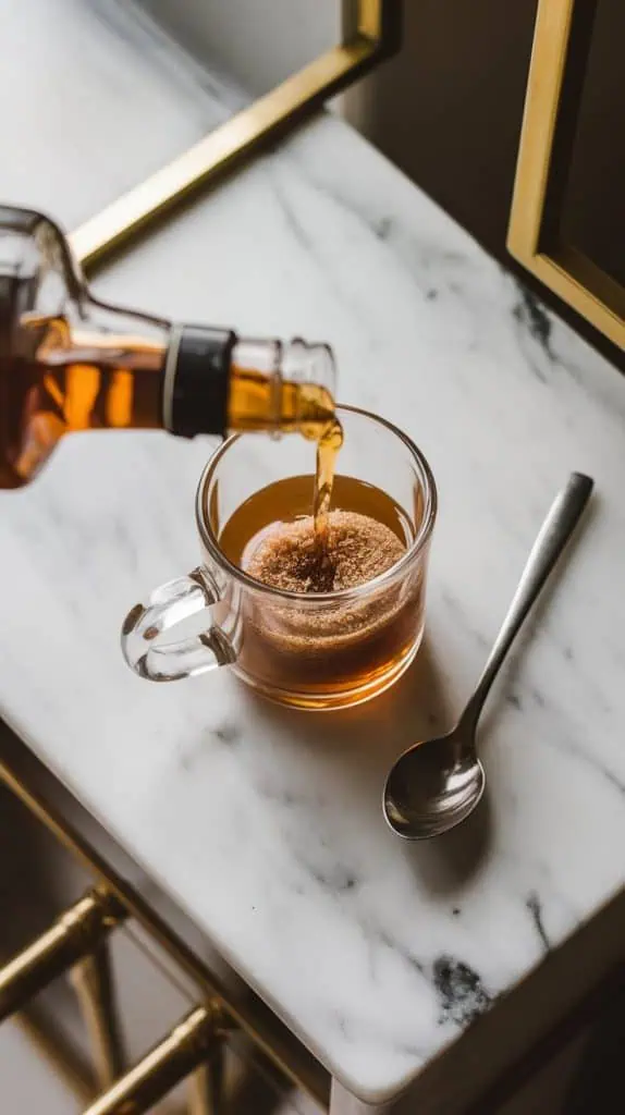 A small glass mug with brown sugar at the bottom and Irish whiskey being poured into it from a bottle, with a spoon nearby for stirring. 