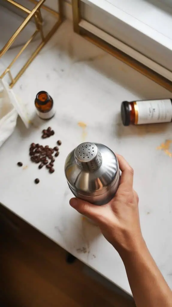 A cocktail shaker being shaken mid-air with motion blur from vigorous shaking.