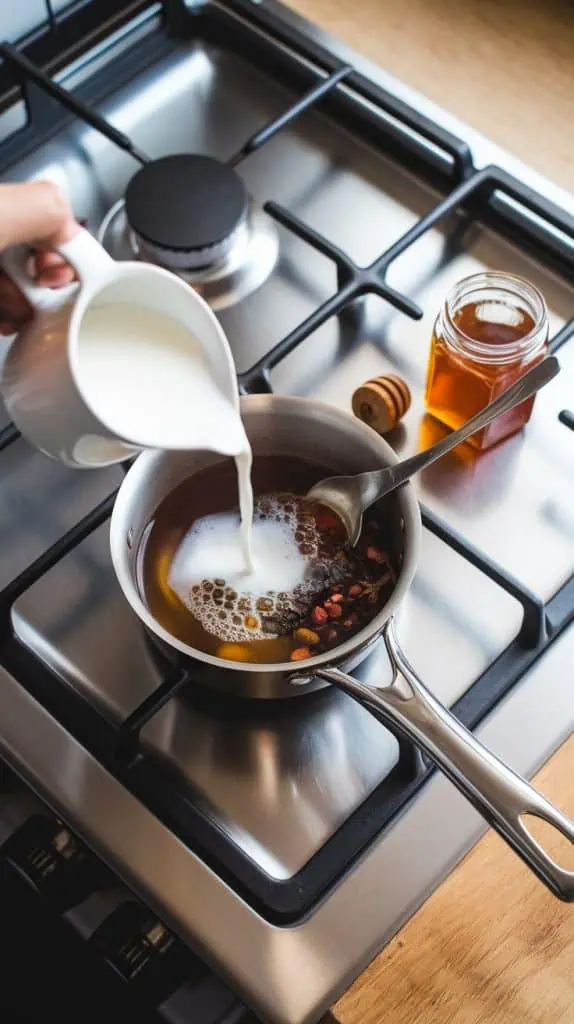 Milk being poured from a small pitcher into a saucepan with tea and spices, with honey and a spoon nearby. 