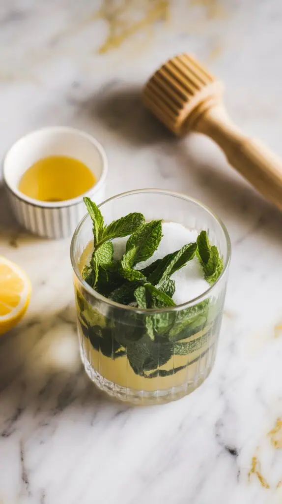A tall glass with fresh mint leaves, lime juice, and sugar being muddled at the bottom with a wooden muddler. 