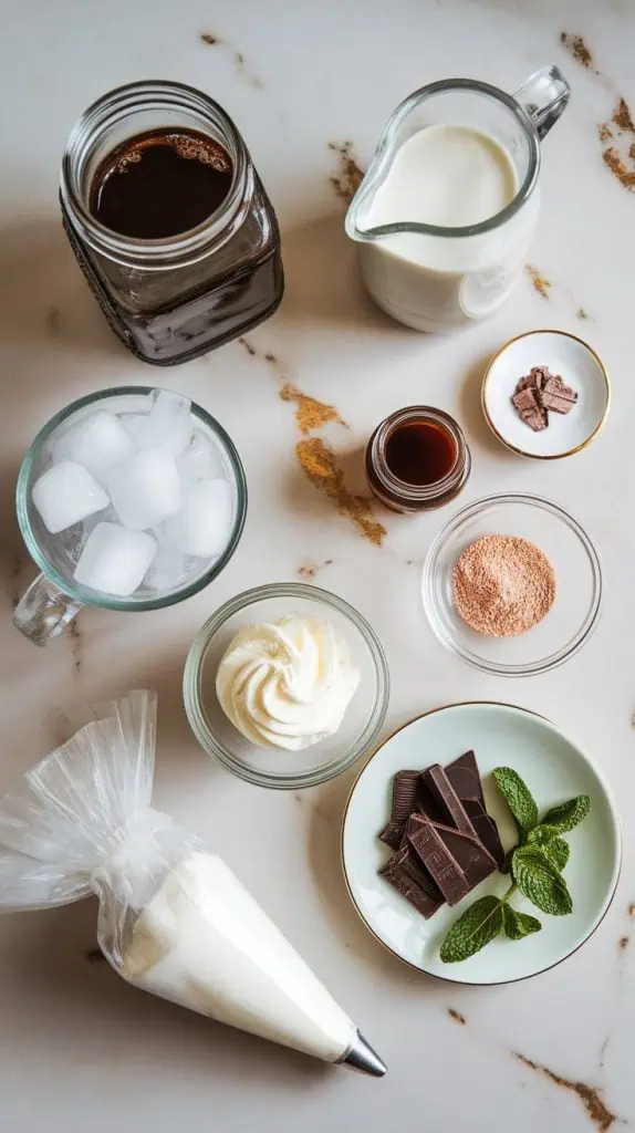 all ingredients for a keto mint chocolate iced coffee