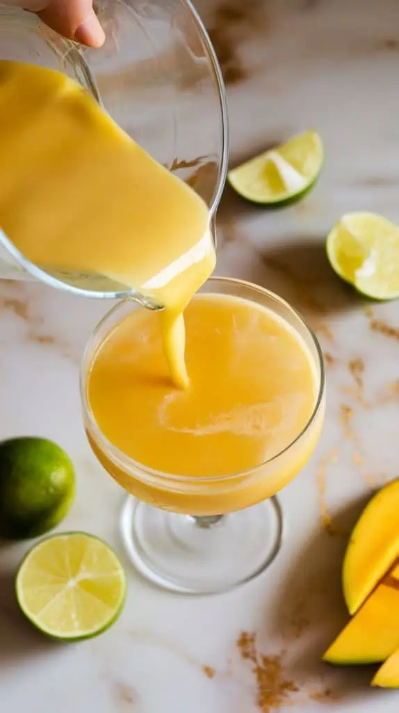 A frosty frozen mango daiquiri served in a clear couple glass, garnished with a lime wheel and a small slice of mango on the rim