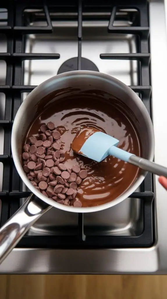 A medium saucepan on a modern stainless steel gas stove, with chocolate chips, sweetened condensed milk, and butter melting together into a smooth mixture. 