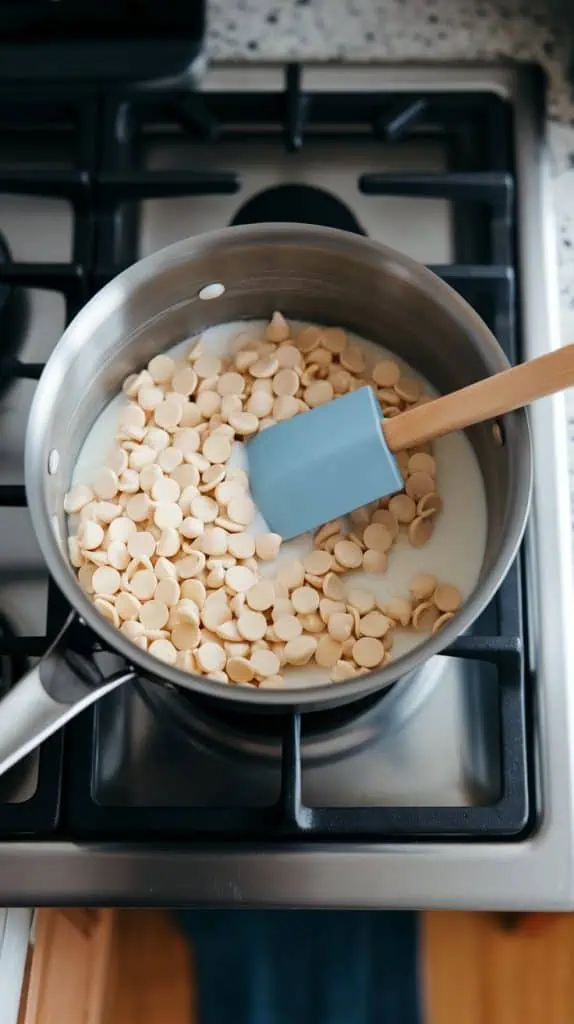 A medium saucepan on a stainless steel gas stove with white chocolate chips and sweetened condensed milk being stirred into a smooth mixture.