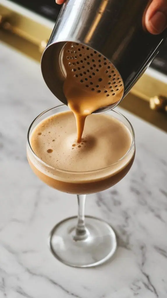 A pale caramel-colored creamy vanilla espresso martini being strained from a cocktail shaker into a frosty martini glass, with foam forming on top. 