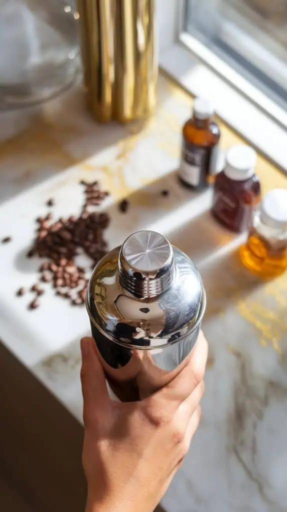 A shiny cocktail shaker being held mid-shake, with motion blur showing vigorous shaking.