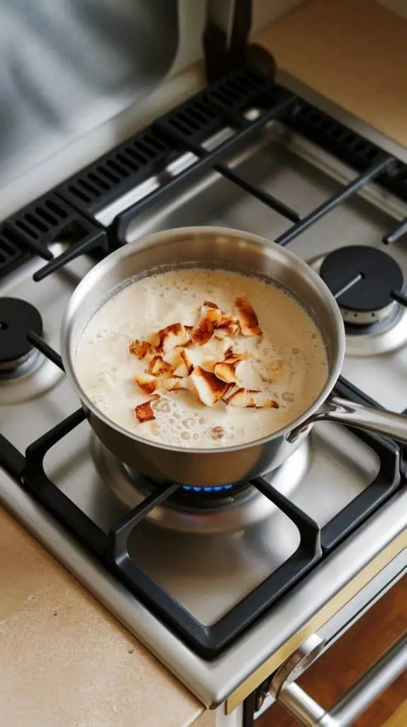 A simmering saucepan of creamy liquid on a modern stainless steel gas stove, with toasted coconut floating on t
