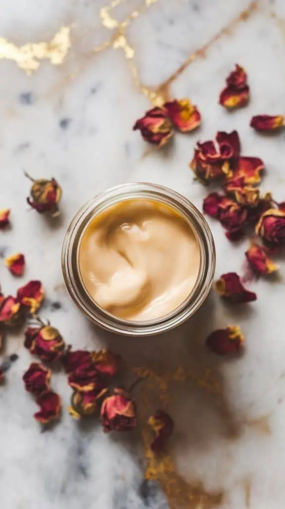 A sleek clear glass jar filled with creamy, liquid not thick Cardamom Rose Coffee Creamer