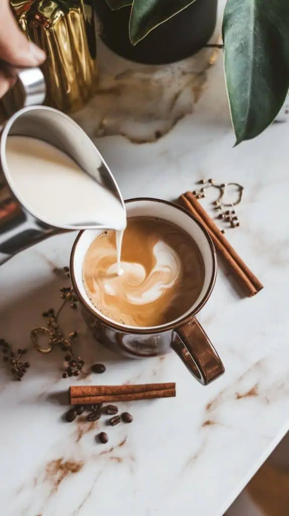 A small pitcher of cream being poured into a steaming mug of coffee, creating a creamy swirl on the surface