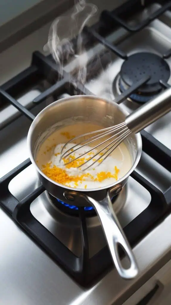 A small saucepan on a modern stainless steel gas stove with steam rising gently, sugar dissolving into the creamy mixture