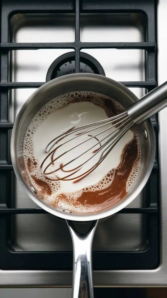 A small saucepan on a modern stainless steel gas stove, filled with milk, cream, cocoa powder, sugar, and salt being whisked together