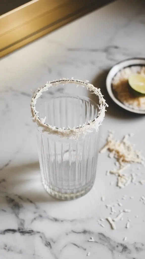 empty tall glass with its rim fully coated in shredded coconut