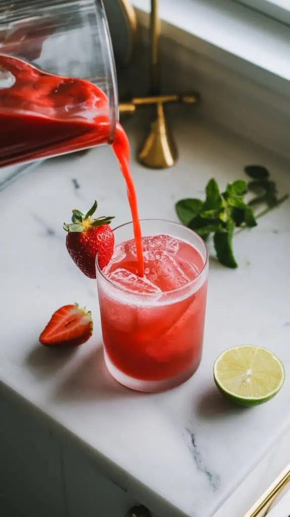 A vibrant red strawberry daiquiri being poured into a frosted glass, garnished with a strawberry slice, lime wedge, and mint