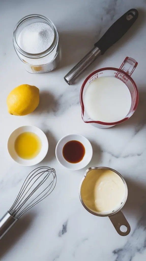 All listed ingredients arranged neatly on a white marble countertop with hints of gold