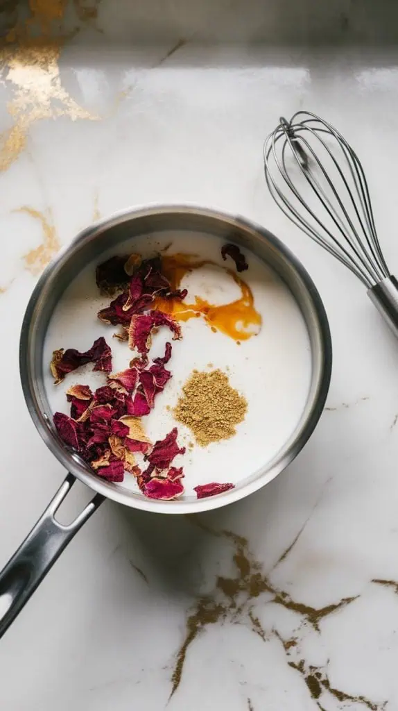A saucepan on a white marble countertop filled with milk, cream, honey, ground cardamom, and dried rose petals