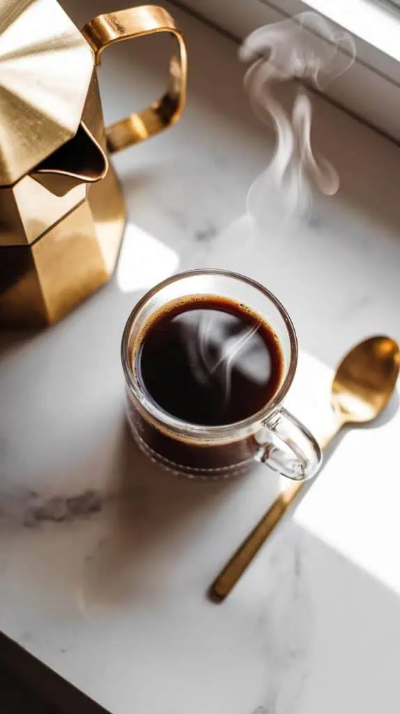 A glass coffee mug filled with freshly brewed steaming coffee, with a coffee pot and a spoon nearby on a white marble counter with hints of gold.