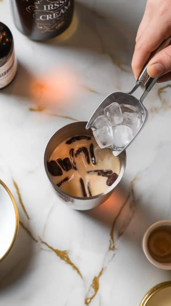 A cocktail shaker being filled with clear ice cubes from a hand holding an ice scoop, with cocktail ingredients nearby on a marble counter with hints of gold. 