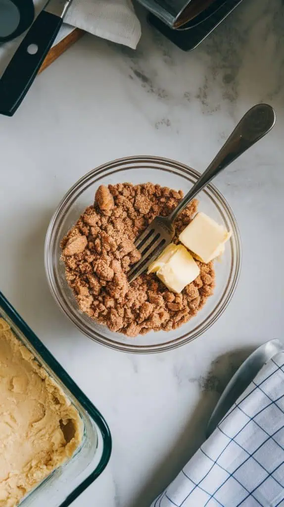 A small glass bowl with cinnamon-sugar crumble, a fork in the bowl, and butter chunks visible
