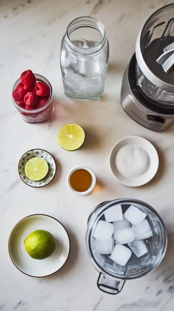 all the ingredients for a Raspberry Vodka Daiquiri