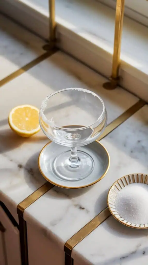 coupe glass rim being dipped into a small white plate of sugar,