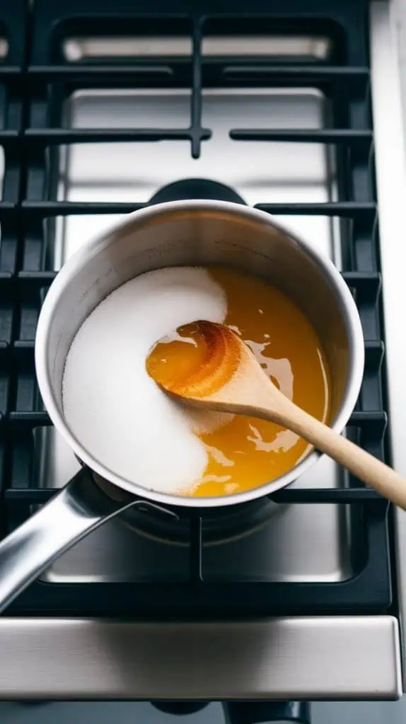 a small saucepan on a stovetop with sugar and Meyer lemon juice being stirred with a wooden spoon