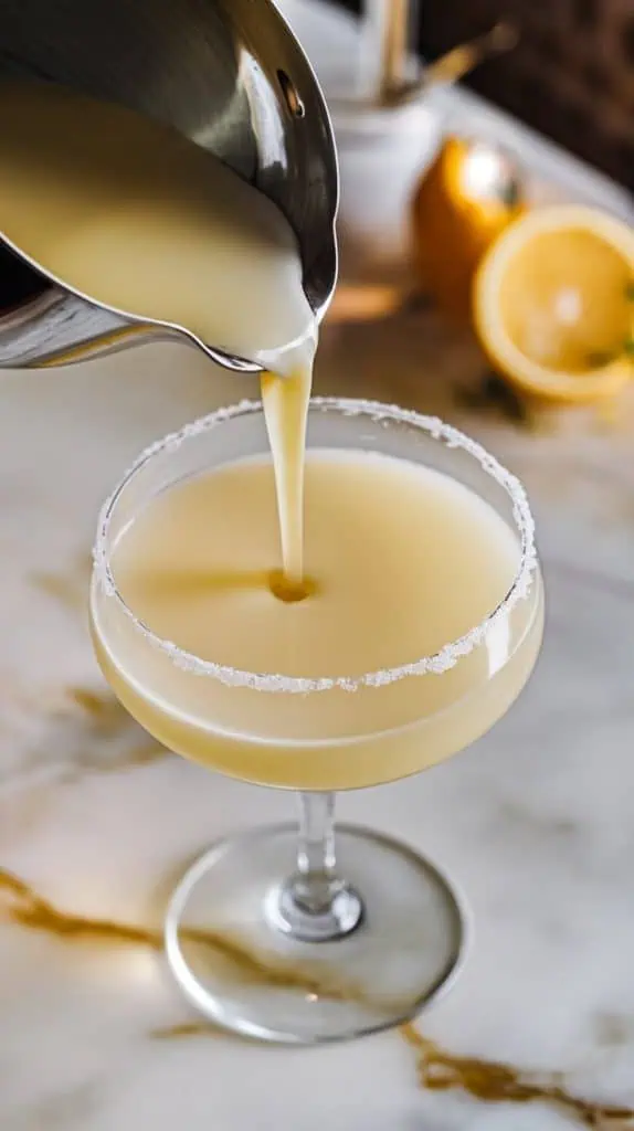 cocktail being strained into a sugar-rimmed coupe glass, pale yellow liquid pouring smoothly