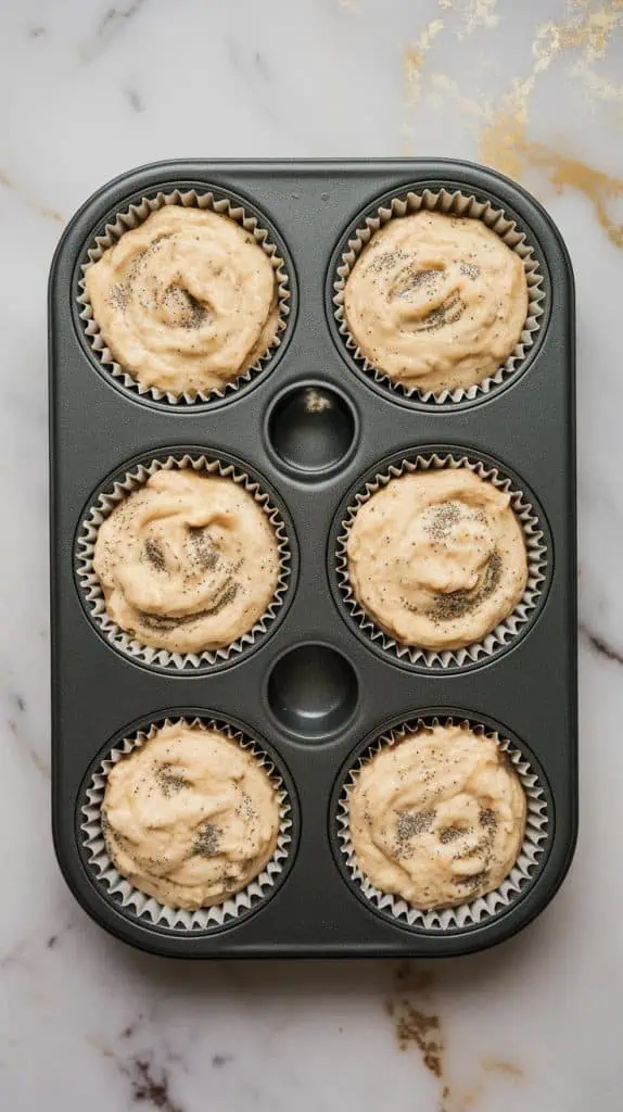 muffin batter in a lined muffin tin, each well filled to three-quarters full