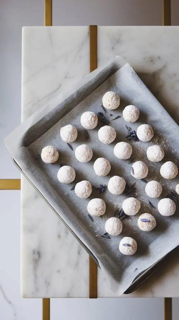 A baking sheet lined with parchment paper holding perfectly round white chocolate truffles, some dusted with powdered sugar. All set on white marble counters with hints of gold