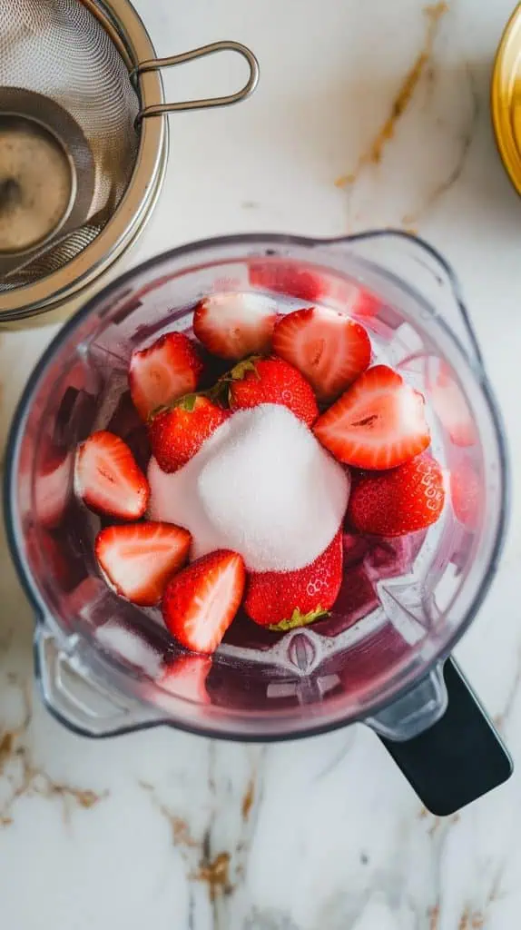 A blender filled with fresh strawberries, sugar, and a splash of lemon juice being blended into a smooth pink puree. 