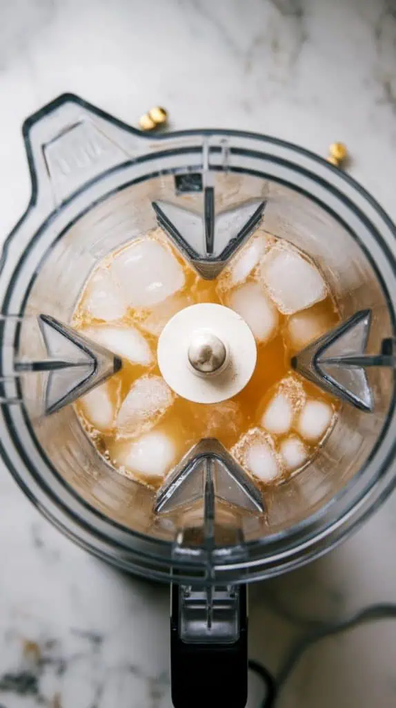 A blender filled with ice, white rum, and simple syrup mid-blend