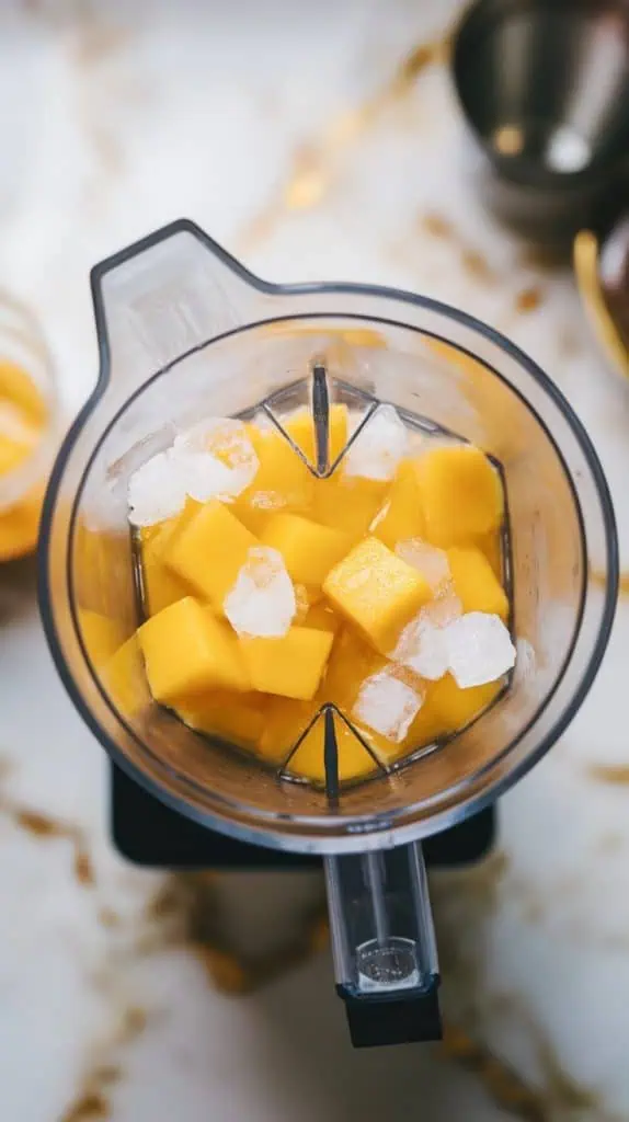 A blender filled with diced mangoes, simple syrup, white rum, and crushed ice