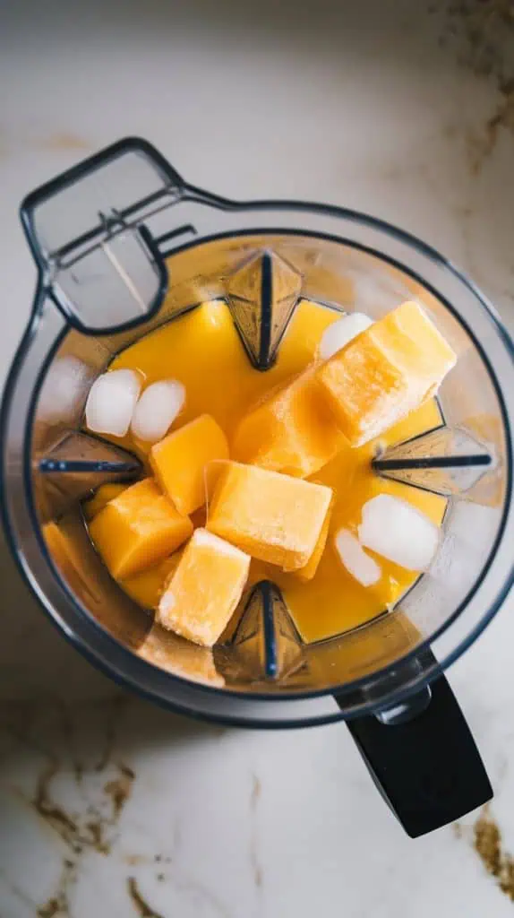 Top-down shot of a blender filled with frozen mango chunks, orange juice, simple syrup, and ice