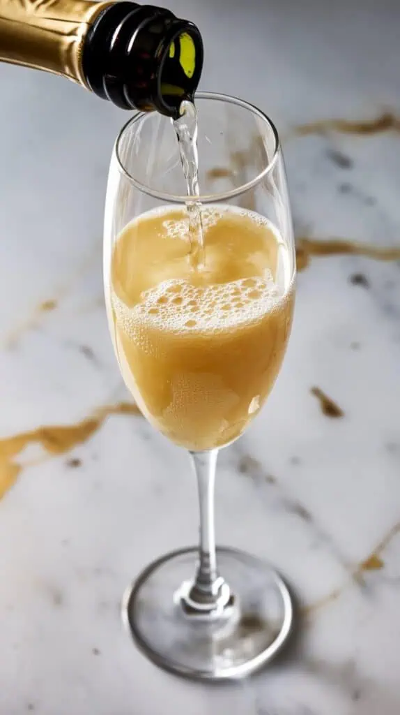 A champagne flute being filled with pear puree at the bottom and Prosecco being poured in slowly from the side. The bubbles rise in the glass.