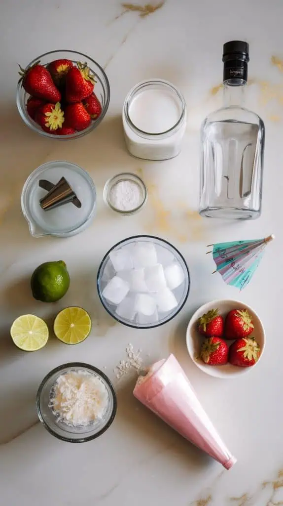 ingredients for a strawberry coconut daiquiri