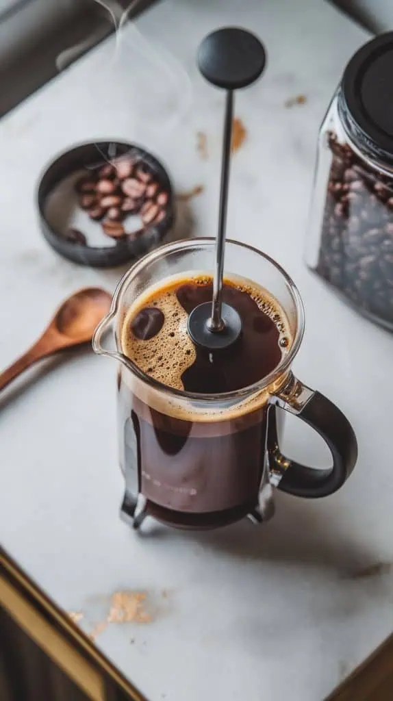  French press filled with freshly brewed coffee, steam rising as the plunger is pushed down. 