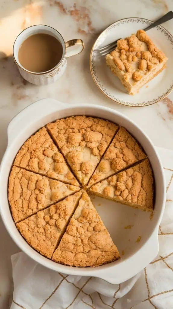 Freshly baked Bisquick coffee cake, golden and crumbly, sliced into neat squares in the baking dish