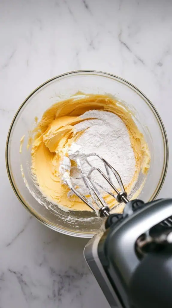 softened butter and powdered sugar being whipped into a creamy mixture