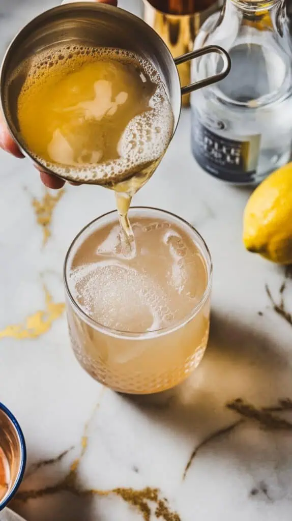 A golden gin fizz being strained into a chilled rocks glass, with frothy foam on top. A bottle of club soda and a lemon are nearby.