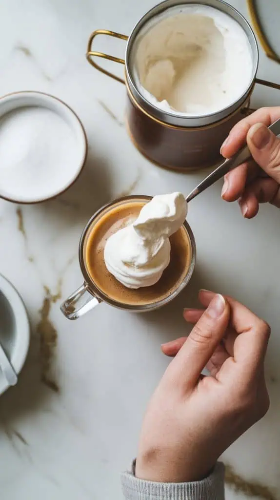 A hand holding a spoon gently placing a dollop of whipped cream onto a glass mug of Irish coffee, with a canister of whipped cream and a bowl of sugar nearby.