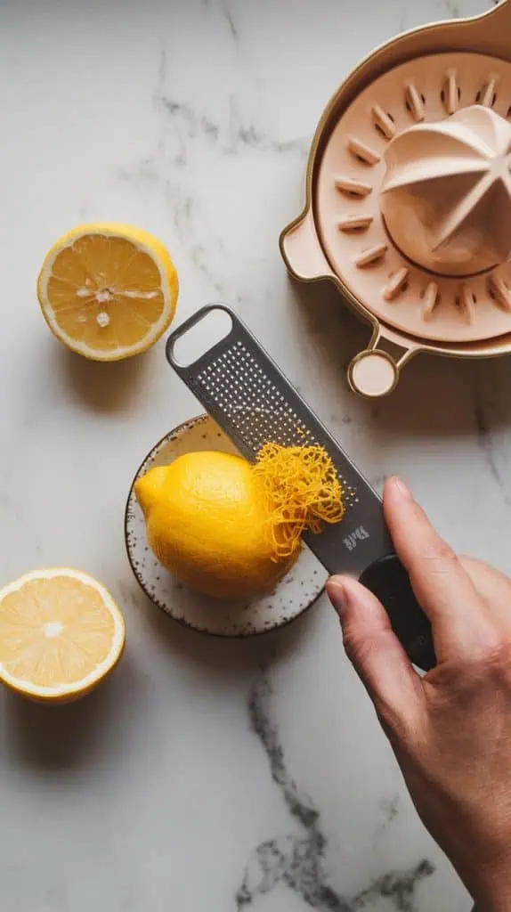  hand zesting a Meyer lemon with a microplane, the vibrant yellow zest falling into a small dish